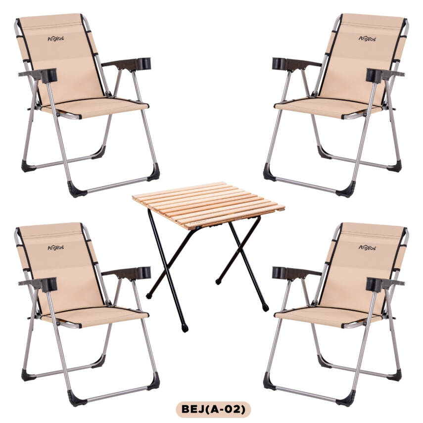 4 Adet Katlanır Kamp Sandalyesi ve Masa Seti - Rock - Bej - Bardaklıklı - 140 KG - 1