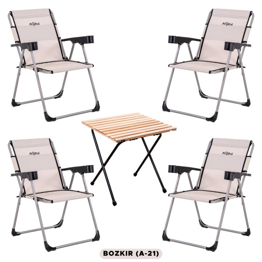4 Adet Katlanır Kamp Sandalyesi ve Masa Seti - Rock - Bozkır - Bardaklıklı - 140 KG - 1
