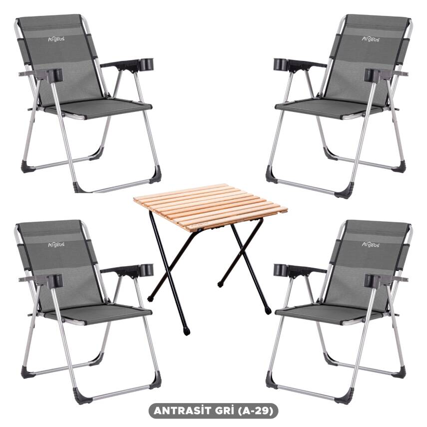 4 Adet Katlanır Kamp Sandalyesi ve Masa Seti - Rock - Antrasit - Bardaklıklı - 140 KG - 1