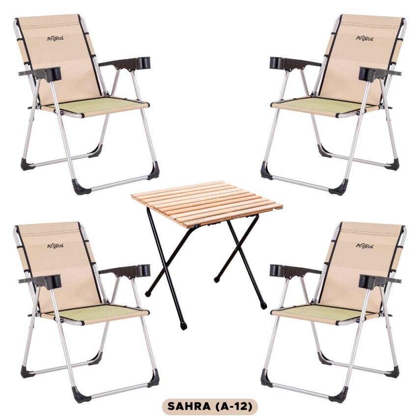 4 Adet Katlanır Kamp Sandalyesi ve Masa Seti - Rock - Sahra - Bardaklıklı - 140 KG - 1