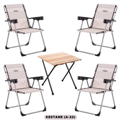 4 Adet Katlanır Kamp Sandalyesi ve Masa Seti - Rock - Kestane - Bardaklıklı - 140 KG - 1