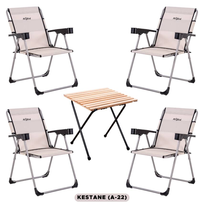 4 Adet Katlanır Kamp Sandalyesi ve Masa Seti - Rock - Kestane - Bardaklıklı - 140 KG - 1