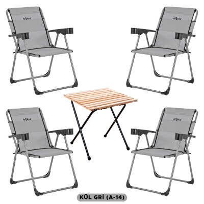 4 Adet Katlanır Kamp Sandalyesi ve Masa Seti - Rock - Kül Gri A14 - Bardaklıklı - 140 KG