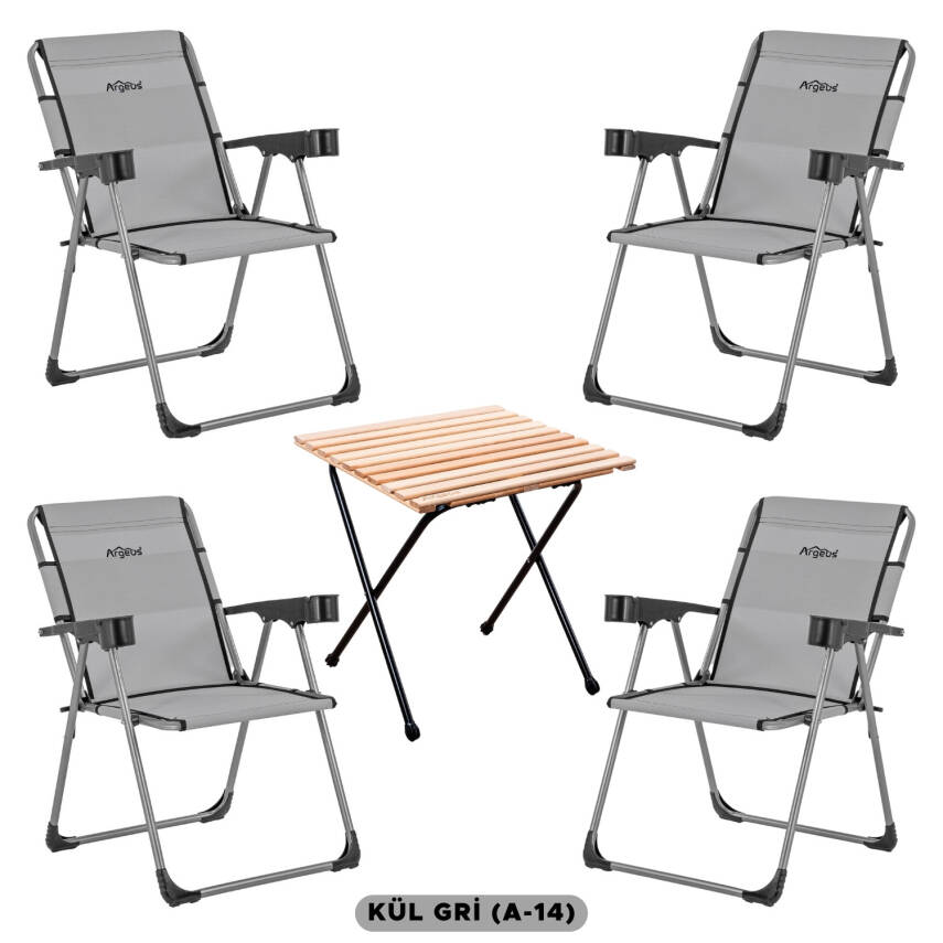 4 Adet Katlanır Kamp Sandalyesi ve Masa Seti - Rock - Kül Gri A14 - Bardaklıklı - 140 KG - 1