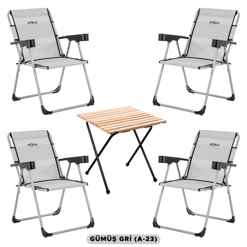 Argeus Rock Outdoor 4 Kişilik Portatif Katlanabilir Kamp Masa Sandalye Seti - Gri - 1