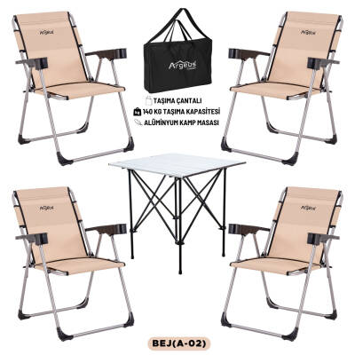 4 Adet Katlanır Kamp Sandalyesi ve Alüminyum Masa Seti - Rock Silver - Bej - Taşıma Çantalı
