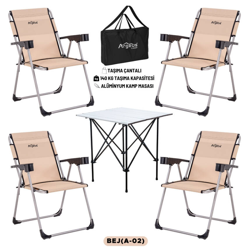 4 Adet Katlanır Kamp Sandalyesi ve Alüminyum Masa Seti - Rock Silver - Bej - Taşıma Çantalı - 1