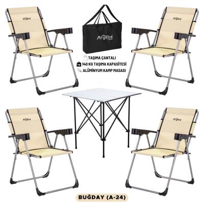4 Adet Katlanır Kamp Sandalyesi ve Alüminyum Masa Seti - Rock Silver - Buğday - Taşıma Çantalı