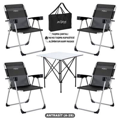 4 Adet Katlanır Kamp Sandalyesi ve Alüminyum Masa Seti - Rock Silver - Antrasit - Taşıma Çantalı