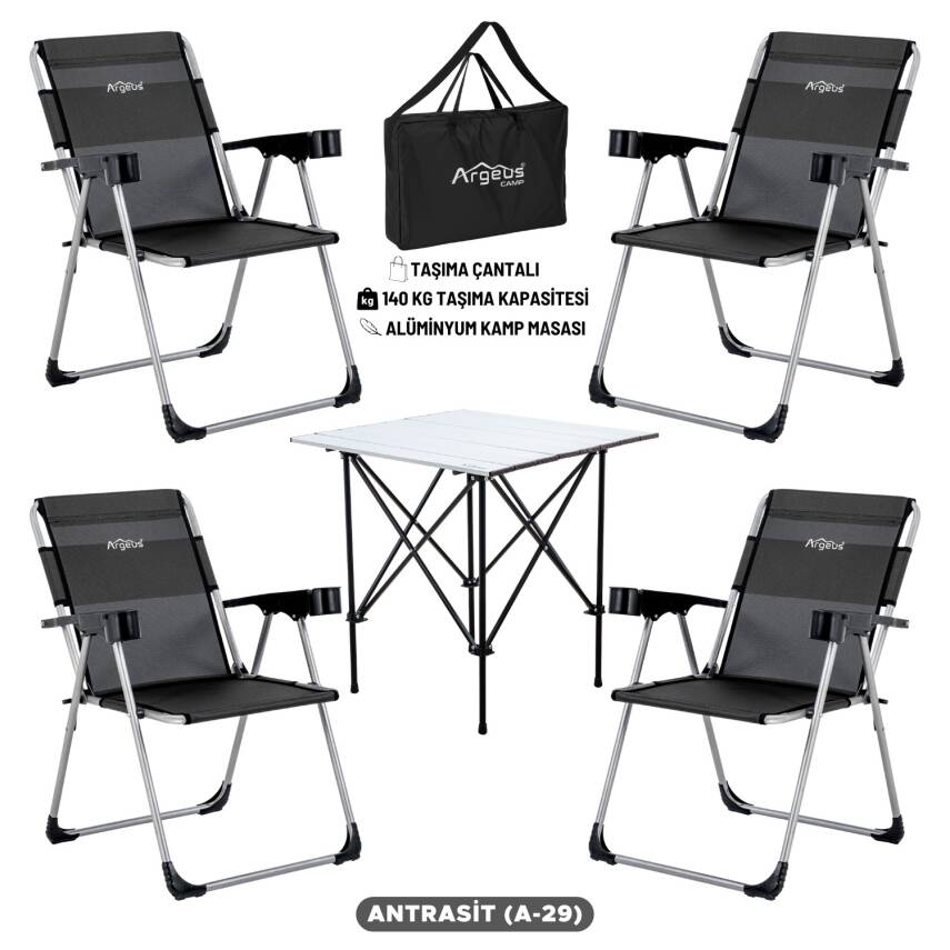 4 Adet Katlanır Kamp Sandalyesi ve Alüminyum Masa Seti - Rock Silver - Antrasit - Taşıma Çantalı - 1