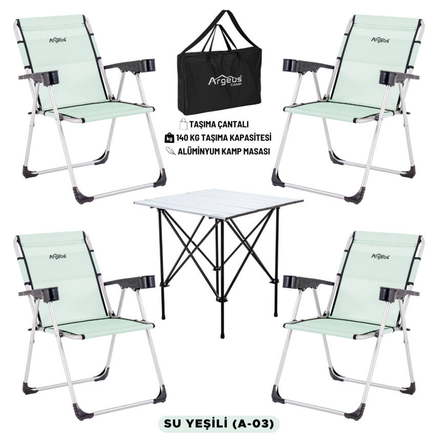4 Adet Katlanır Kamp Sandalyesi ve Alüminyum Masa Seti - Rock Silver - Su Yeşili - Taşıma Çantalı - 1