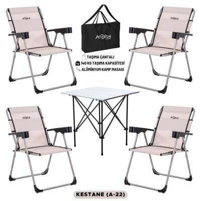 4 Adet Katlanır Kamp Sandalyesi ve Alüminyum Masa Seti - Rock Silver - Kestane - Taşıma Çantalı
