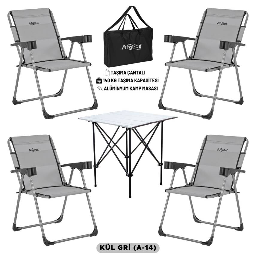 4 Adet Katlanır Kamp Sandalyesi ve Alüminyum Masa Seti - Rock Silver - Kül Gri - Taşıma Çantalı - 1