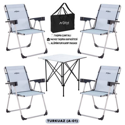 4 Adet Katlanır Kamp Sandalyesi ve Alüminyum Masa Seti - Rock Silver - Turkuaz - Taşıma Çantalı