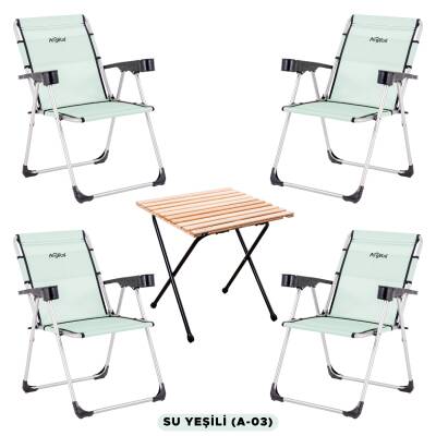 4 Adet Katlanır Kamp Sandalyesi ve Masa Seti - Rock - Su Yeşili - Bardaklıklı - 140 KG