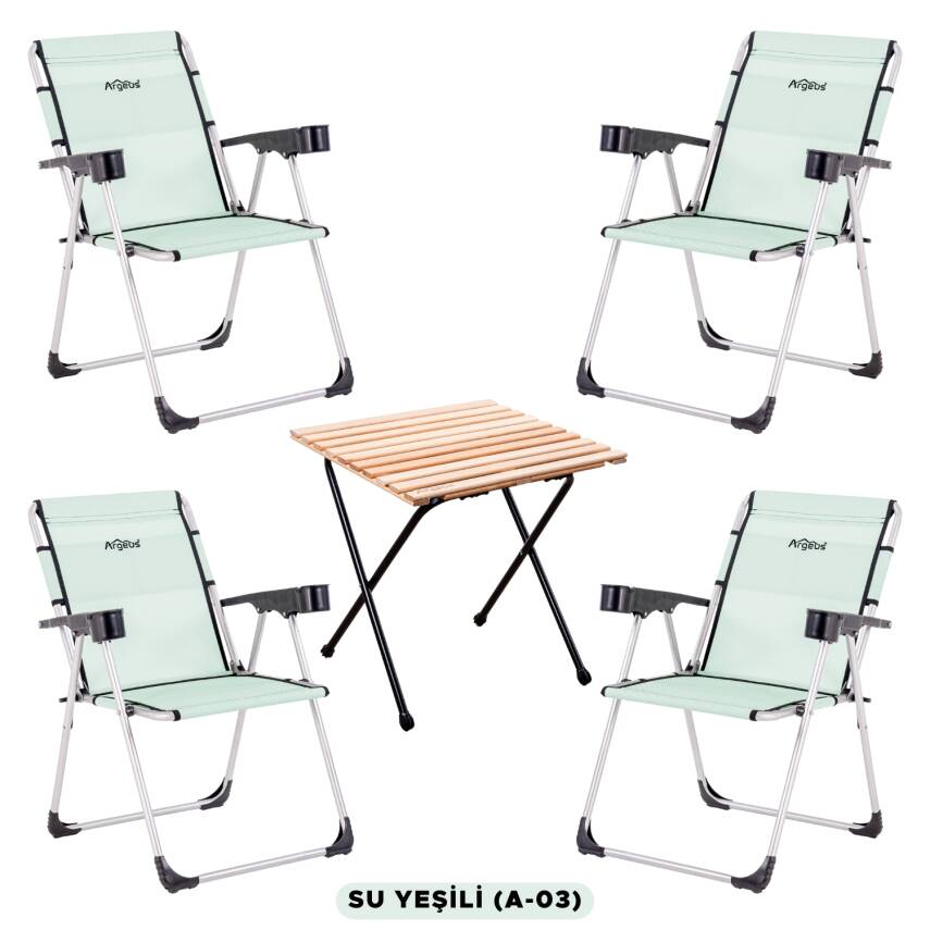 4 Adet Katlanır Kamp Sandalyesi ve Masa Seti - Rock - Su Yeşili - Bardaklıklı - 140 KG - 1