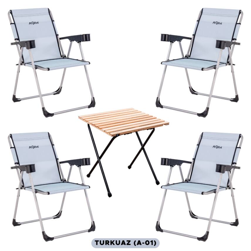 4 Adet Katlanır Kamp Sandalyesi ve Masa Seti - Rock - Turkuaz - Bardaklıklı - 140 KG - 1