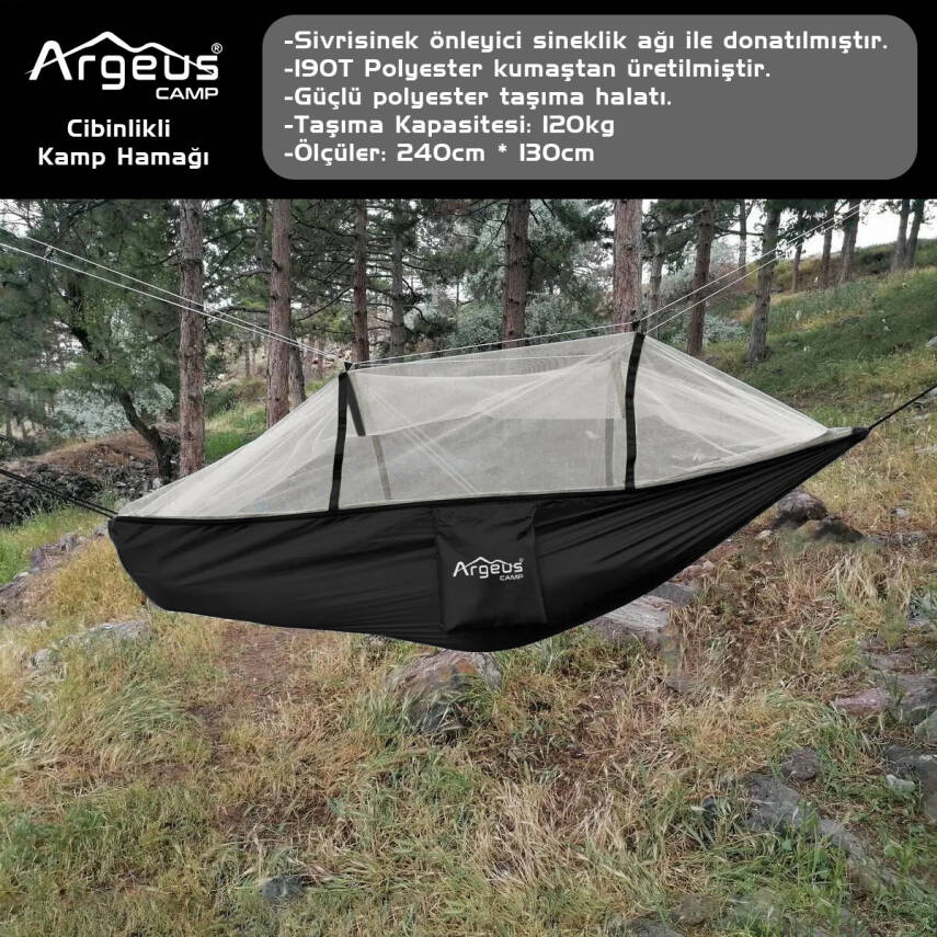 ARGEUS Siyah Cibinlikli Kamp Hamağı: Sineklikli, Taşınabilir, Ultra Hafif Hamak - 2