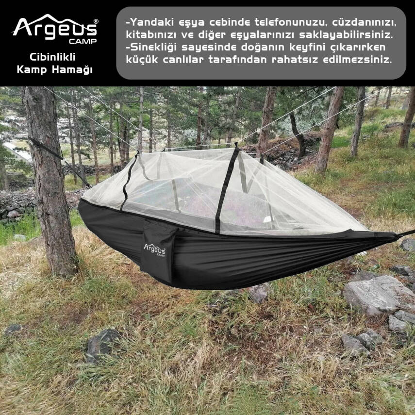 ARGEUS Siyah Cibinlikli Kamp Hamağı: Sineklikli, Taşınabilir, Ultra Hafif Hamak - 3