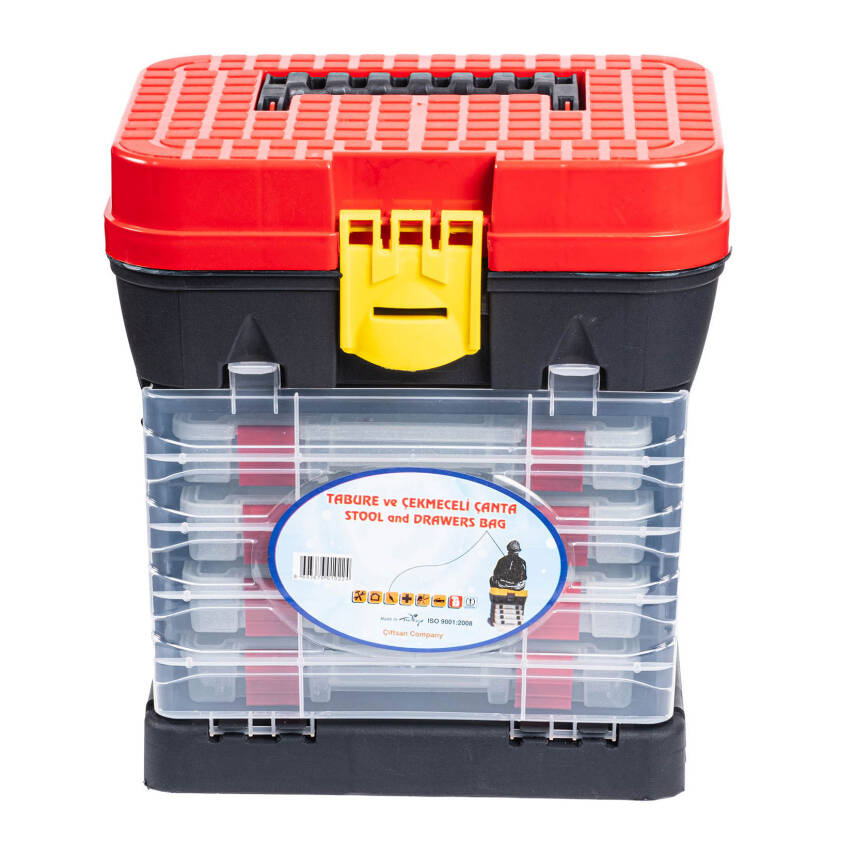 Tabureli Balıkçı Takım Çantası - 4 Çekmeceli - Kırmızı - 4