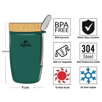 Çelik Yemek Termos - Igloo - Bamboo - 500 ml - Yeşil - 205789 - 3