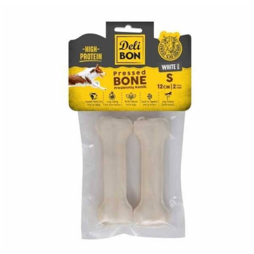 Delibon Beyaz Deri Preslenmiş Kemik Köpek Ödülü - 12cm Çift Paket - 1