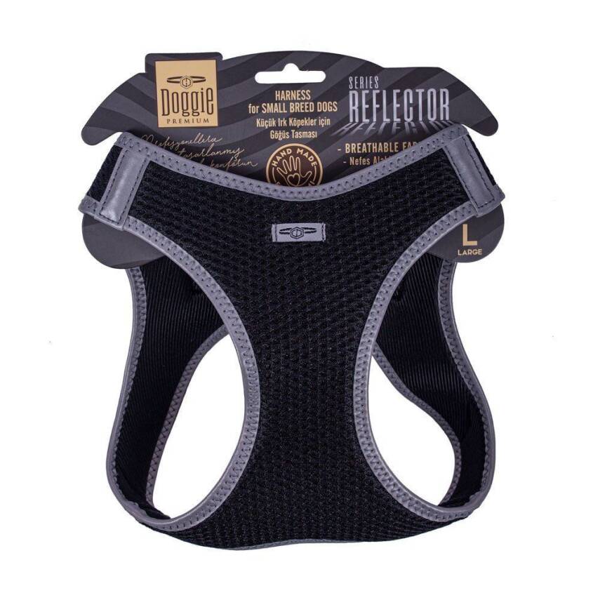 Doggie Havalı Dokuma Reflektörlü Küçük Irk Göğüs Tasması Siyah 42-48 cm (ARG-L) - 1