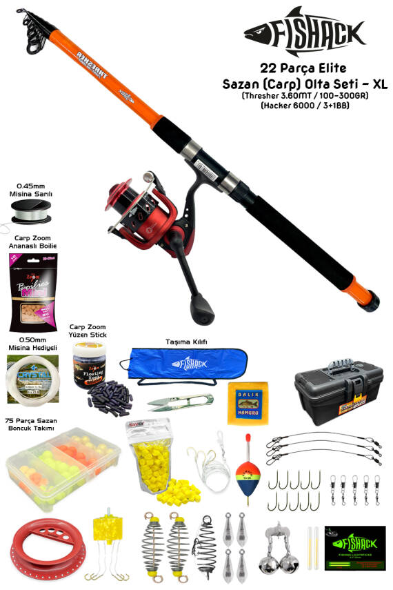 Fishack 23 Parça Elite Sazan (Carp) Olta Seti XL - 3.60MT / 100-300GR - 1