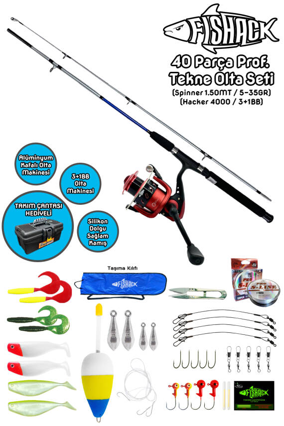 Fishack 40 Parça Profesyonel Tekne Olta Seti - 1.50MT/3+1BB - 1