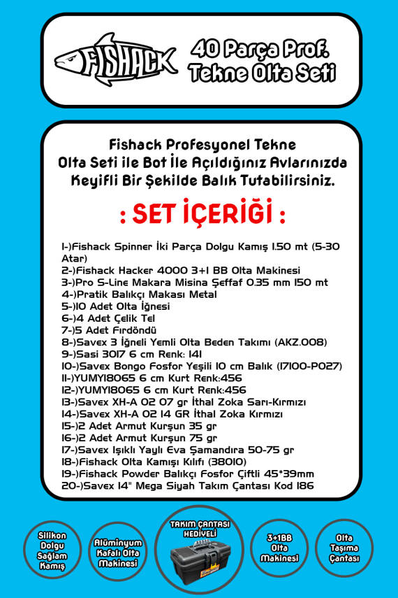 Fishack 40 Parça Profesyonel Tekne Olta Seti - 1.50MT/3+1BB - 2