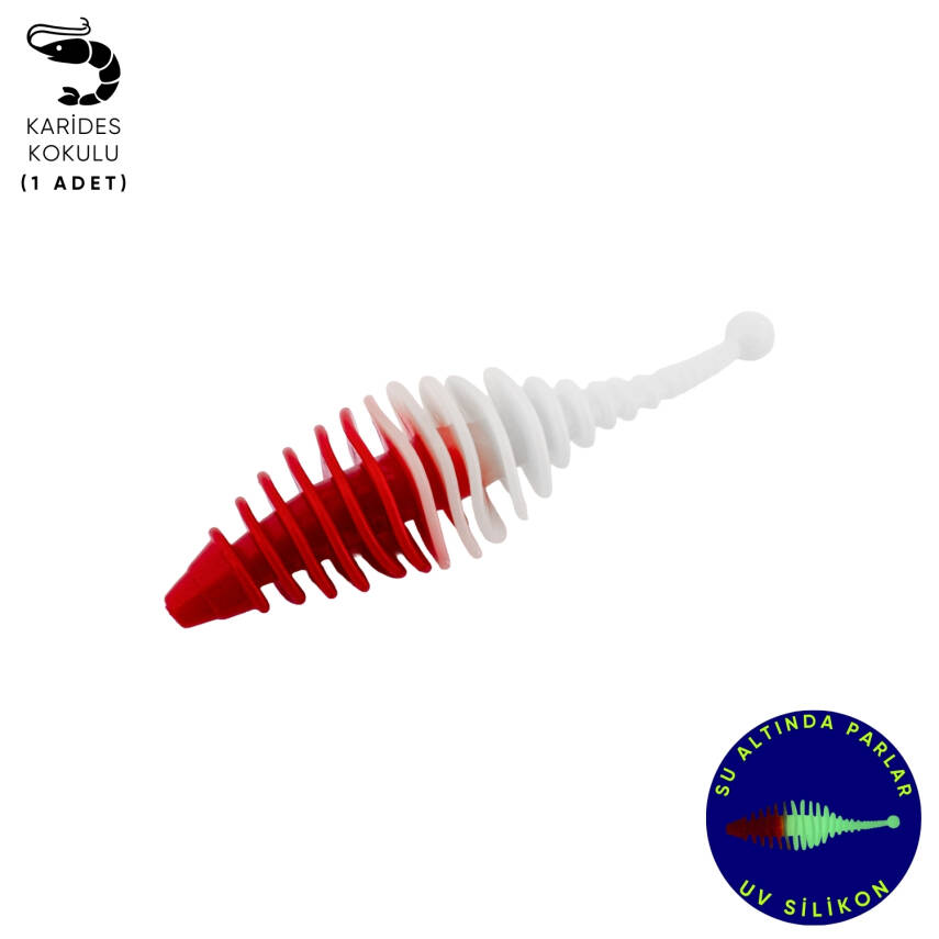 Fishack Wormix Silikon Kurt Yem - 3g 65mm - Kırmızı/Beyaz - Karides Kokulu - 1