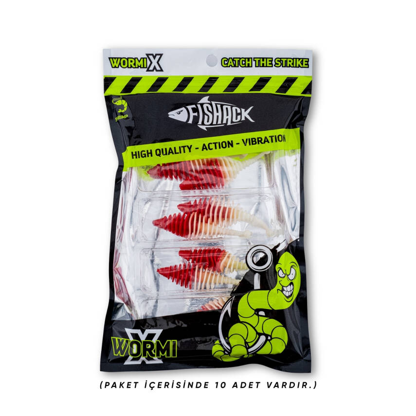 Fishack Wormix Silikon Kurt Yem - 3g 65mm - Kırmızı/Beyaz - Karides Kokulu - 5