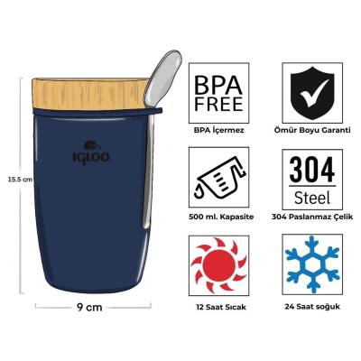 Igloo Bamboo 500 ml Lacivert Çelik Yemek Termos - Vakumlu, Sızdırmaz - 3