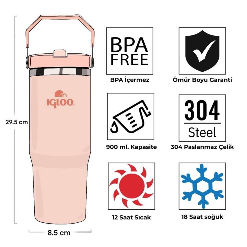 Igloo Powder 900 ml Paslanmaz Çelik Termos - Somon Renkli İçecek Termosu - 4