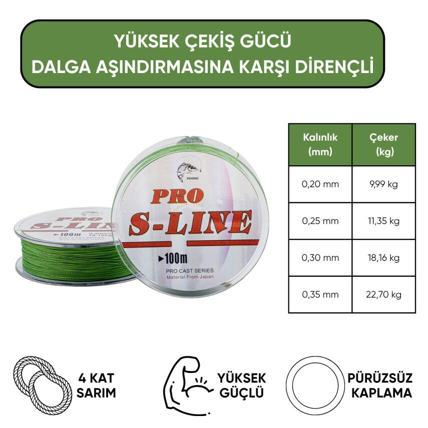 İp Örgü Misina - 4 Kat - Pro S-Line - 100mt - 0.25mm - 11,35kg Çeker - 2