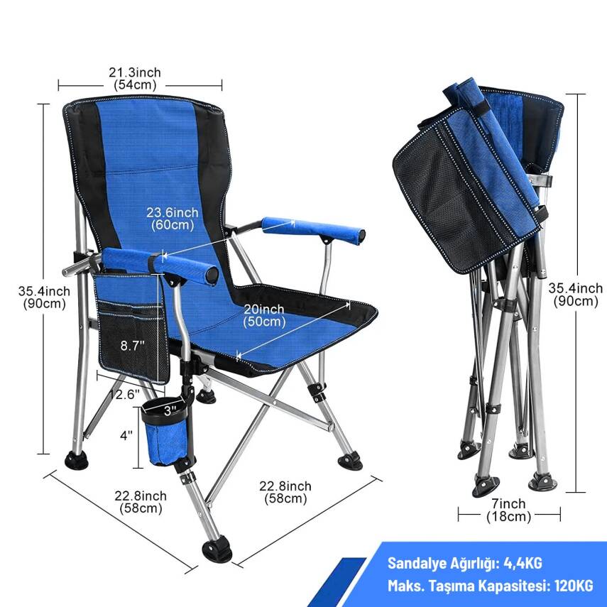 Madfox Roxy Katlanır Kamp Piknik Sandalyesi - Mavi/Siyah - Taşıma Çantalı - 4
