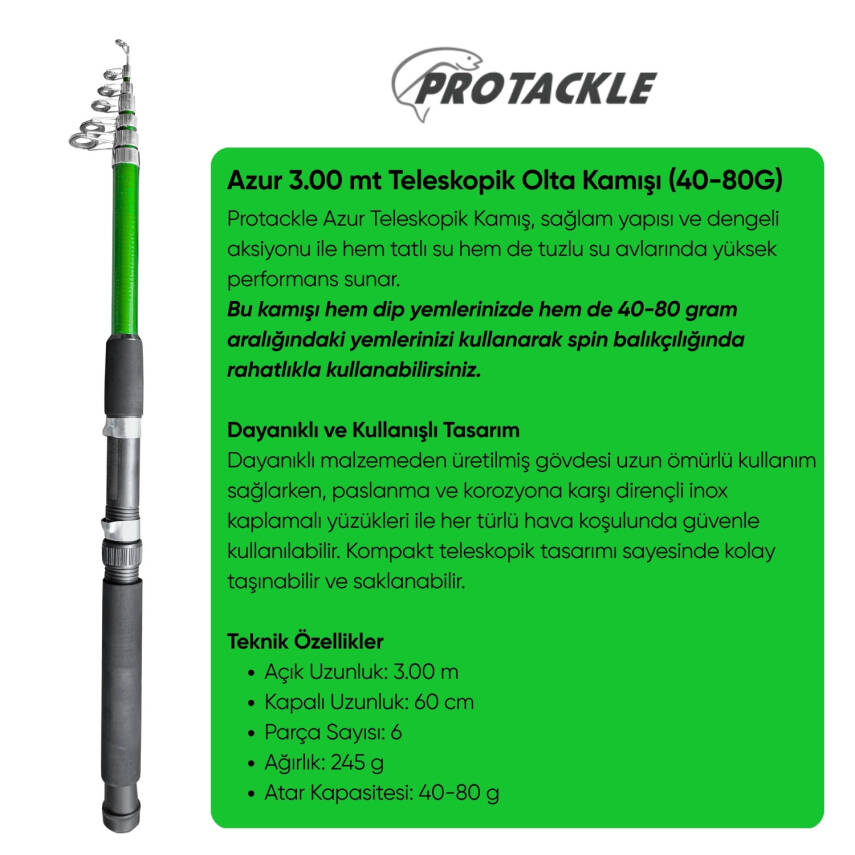 Olta Seti - 300cm Olta Kamışı 40-80GR / 4000'lik Olta Makinesi (XA-Yeşil) - Taşıma Çantalı - 3