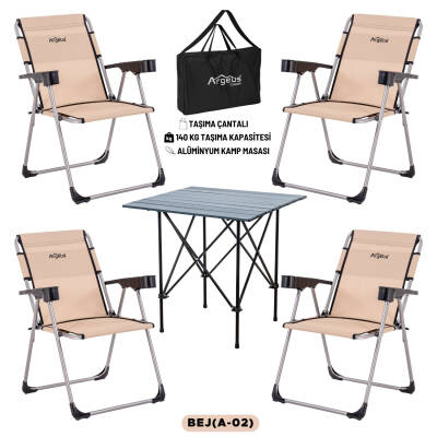 4 Adet Katlanır Kamp Sandalyesi ve Alüminyum Masa Seti - Rock Dark - Bej - Taşıma Çantalı