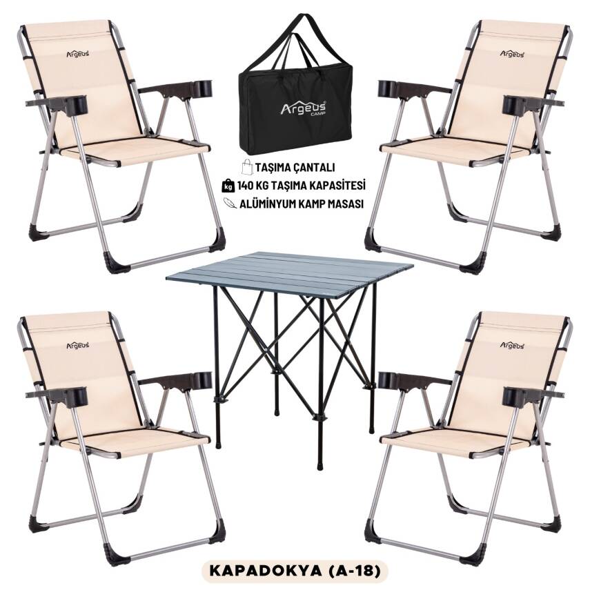 4 Adet Katlanır Kamp Sandalyesi ve Alüminyum Masa Seti - Rock Dark - Kapadokya - Taşıma Çantalı - 1