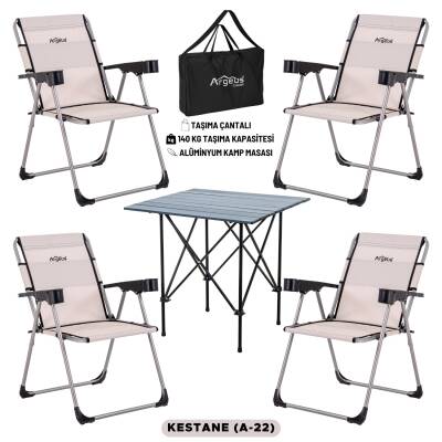 4 Adet Katlanır Kamp Sandalyesi ve Alüminyum Masa Seti - Rock Dark - Kestane - Taşıma Çantalı