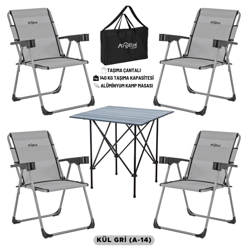 4 Adet Katlanır Kamp Sandalyesi ve Alüminyum Masa Seti - Rock Dark - Kül Gri - Taşıma Çantalı - 1