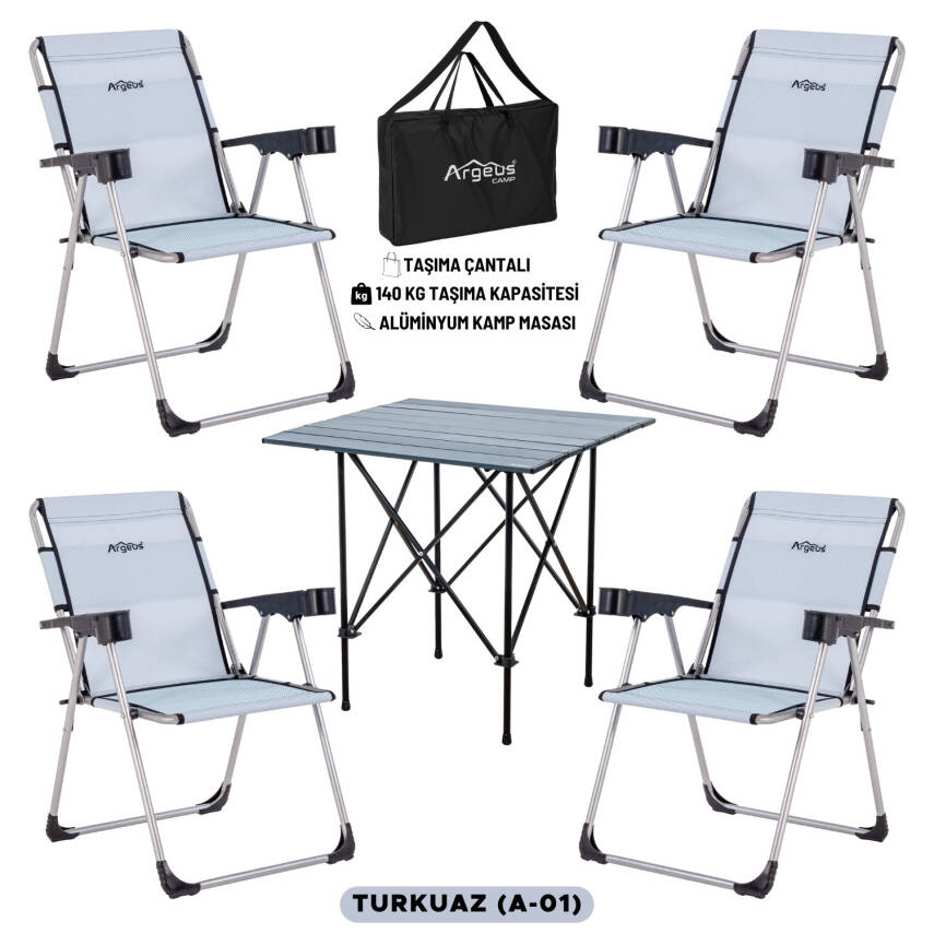 4 Adet Katlanır Kamp Sandalyesi ve Alüminyum Masa Seti - Rock Dark - Turkuaz - Taşıma Çantalı - 1