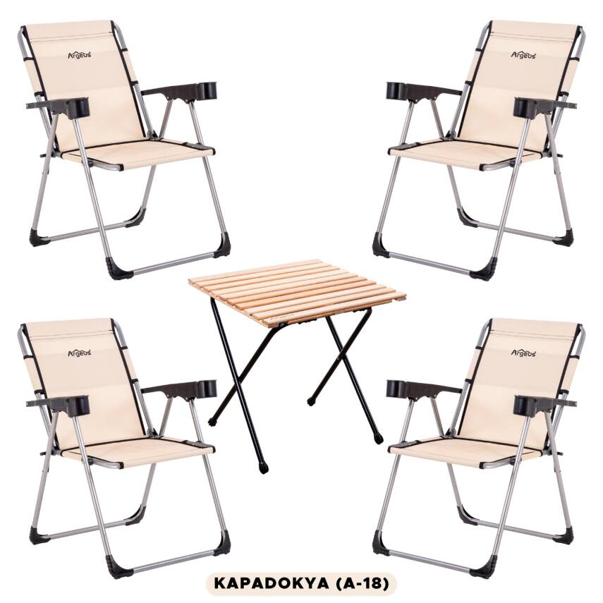 4 Adet Katlanır Kamp Sandalyesi ve Masa Seti - Rock - Kapadokya - Bardaklıklı - 140 KG - 1