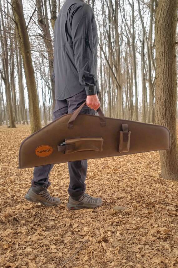 Şarjörlü Tüfek Kılıfı - Savage - Hakiki Deri - Koyu Kahve - 51 Namlu - 2