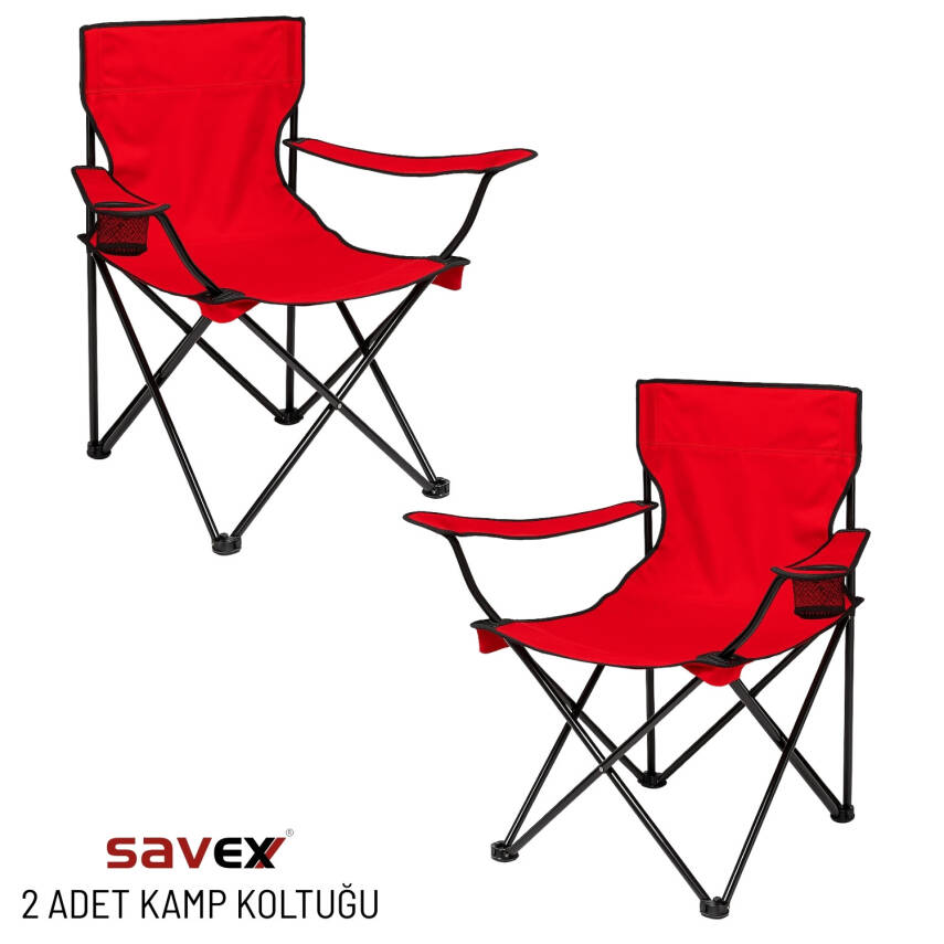 2 Adet Katlanır Kamp Sandalyesi - Piknik Plaj Sandalyesi - (DY.001) - Kırmızı - Taşıma Çantalı - 1
