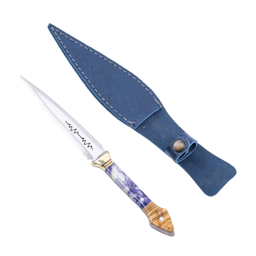 Savex Mor Epoksi Saplı Çift Bıçaklı Çerkes Kaması - Hakiki Deri Kılıflı Özel Model - 1