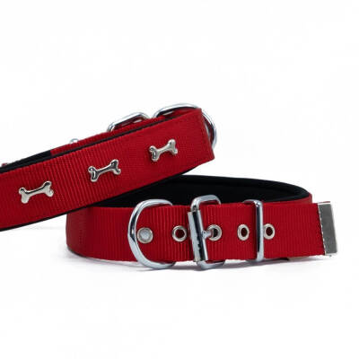 Savex Pet Kırmızı Kemikli Köpek Boyun Tasması - Konforlu Dokuma Seri