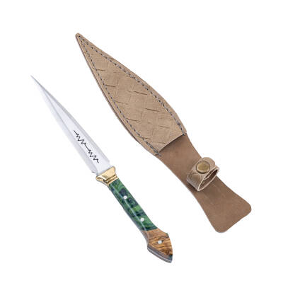 Savex Yeşil Epoksi Kabzalı Çift Bıçaklı Çerkes Kaması - Hakiki Deri Kılıflı Özel Model - 1