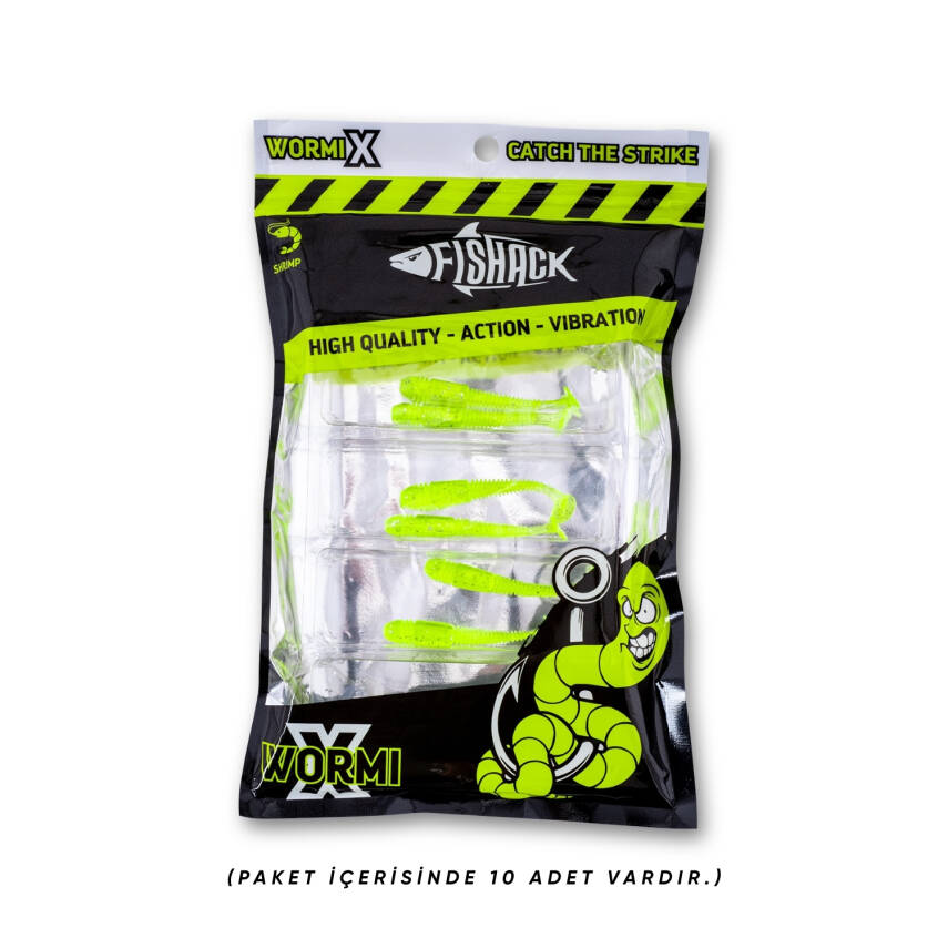 Silikon Kurt Yem - 1,1g 55mm - Fishack Wormix - 1 Adet - UV - Fluo Green - Karides Kokulu - 5
