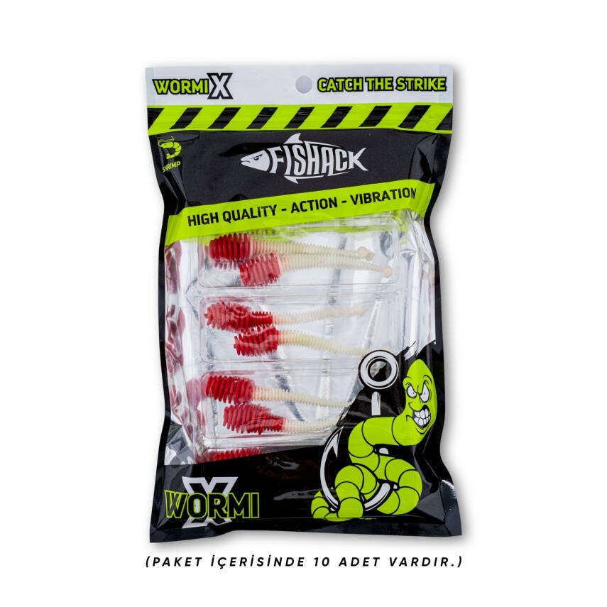 Silikon Kurt Yem - 2,1g 70mm - Fishack Wormix - 1 Adet - Kırmızı/Beyaz - Karides Kokulu - 5